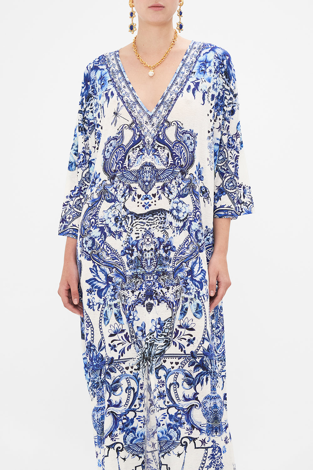 Crop view of model wearing CAMILLA jersey kaftan in Glaze and Graze print