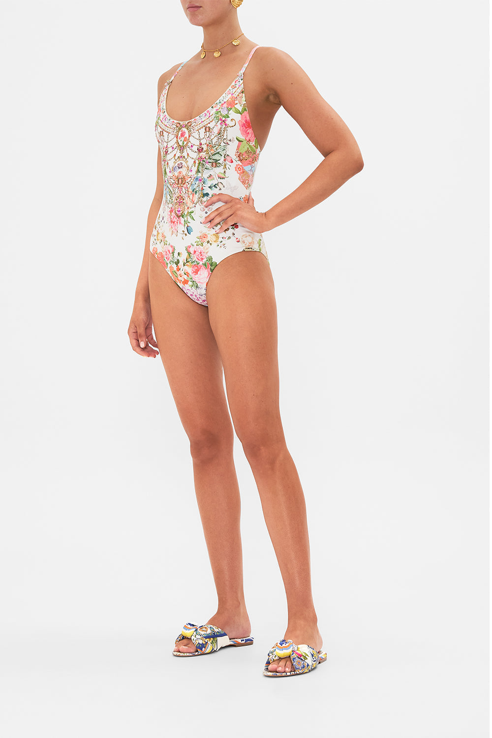 CAMILLA floral scoop neck one piece with buttons in Sew Yesterday