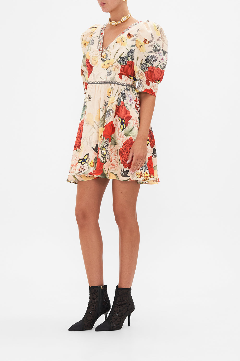 CAMILLA Multi Puff Sleeve Short Dress with Hardware in Etched into Eternity print
