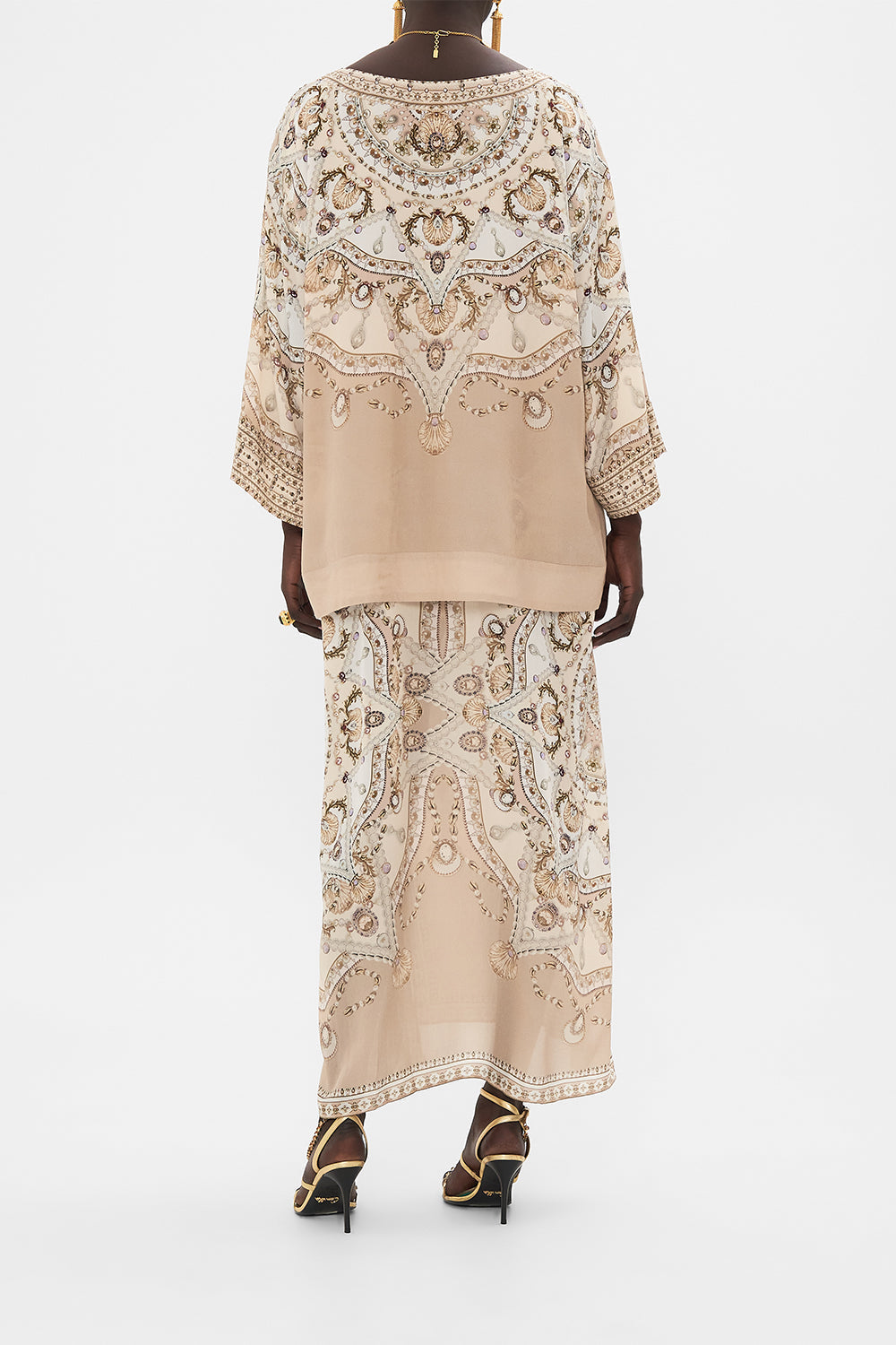 CAMILLA blush silk kaftan in Grotto Goddess print
