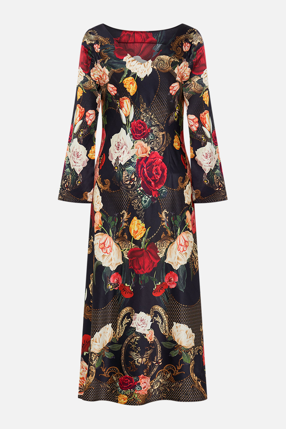 CAMILLA Black Long Sleeve Bias Dress in Magic in the Manuscripts print