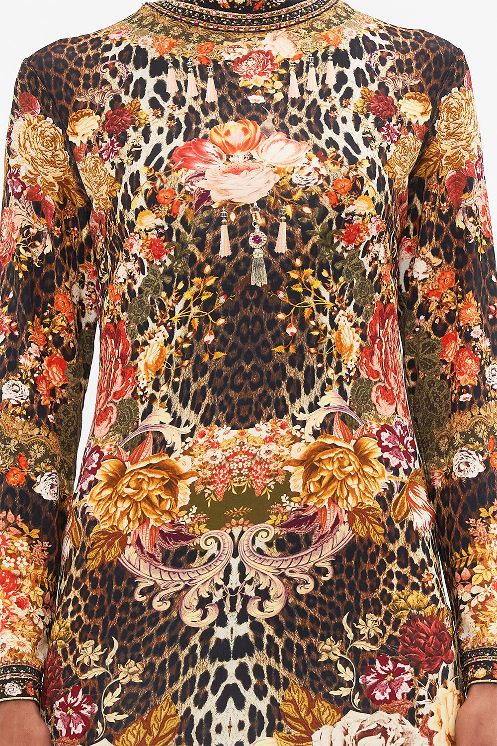 CAMILLA leopard long sleeve fitted mini dress in Born In Bruges print.