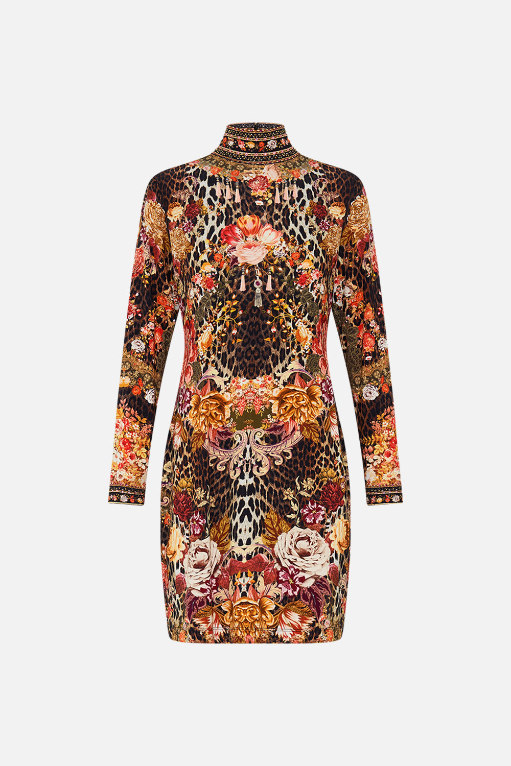 CAMILLA leopard long sleeve fitted mini dress in Born In Bruges print.