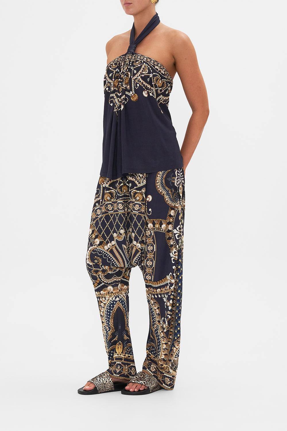 CAMILLA Gold/Black Draped Jersey Halter Top in Dance with the Duke