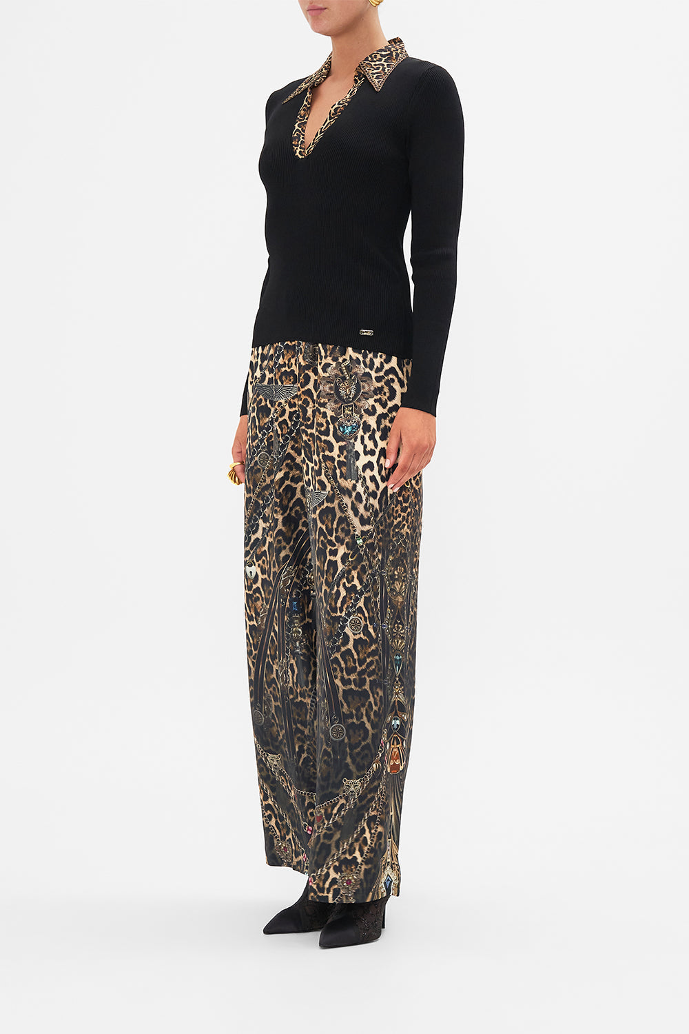 CAMILLA Black Fitted Knit Top with Silk Collar in Amsterglam print