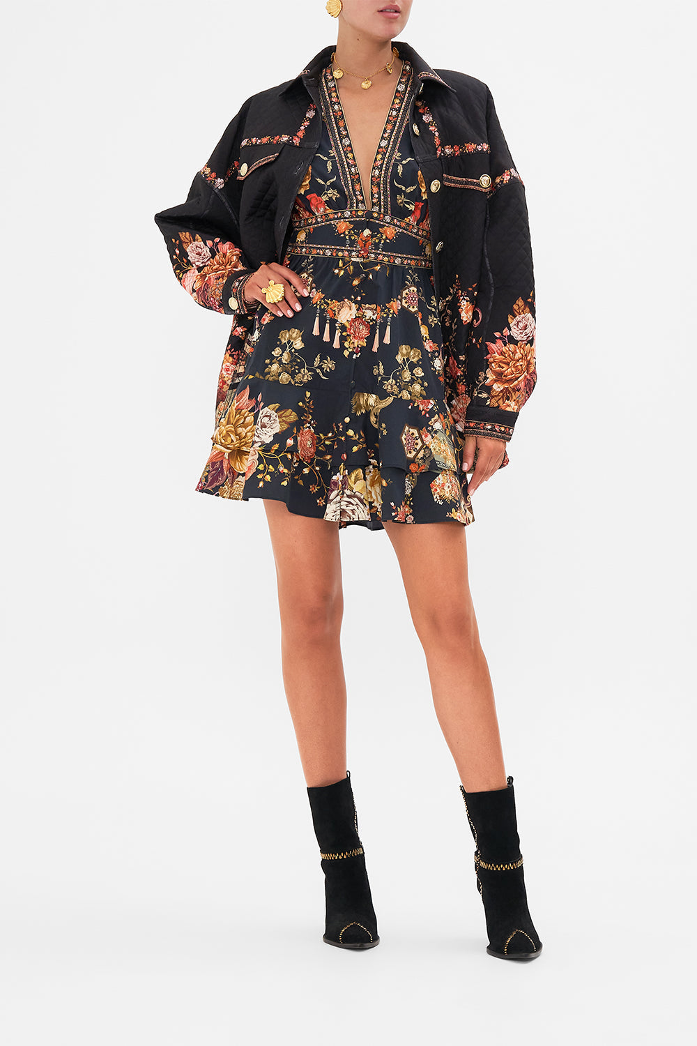 CAMILLA Floral Button Front Frill Dress with Lace Detail in Stitched in Time