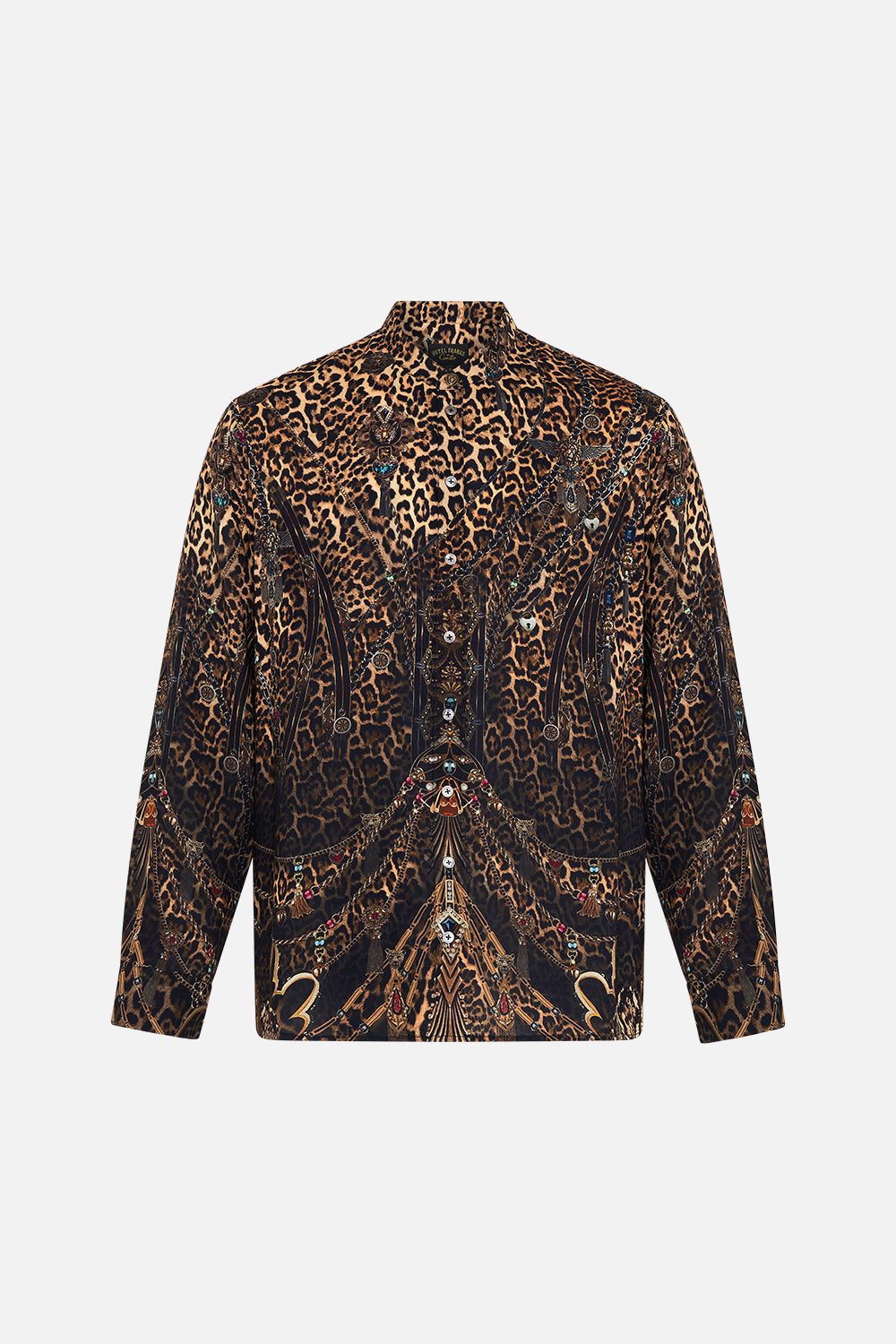 CAMILLA leopard long-sleeve mandarin collar shirt in Amsterglam print