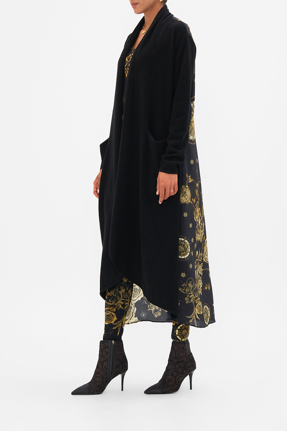 CAMILLA black knitted casual jacket with silk back in So Says The Oracle print.