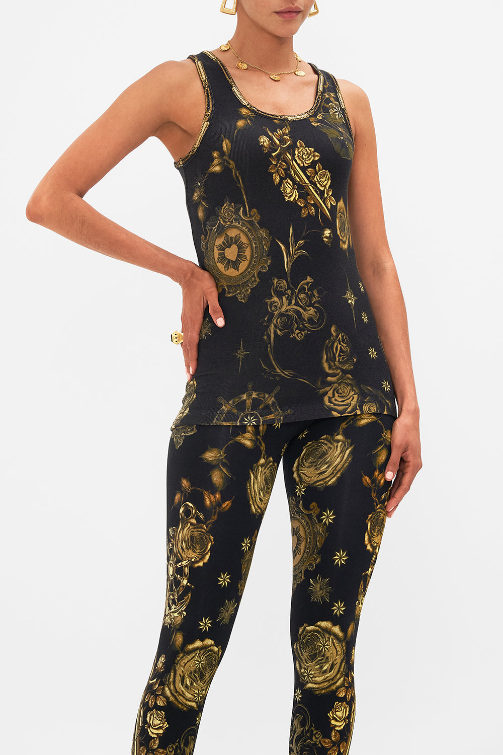 CAMILLA black jersey scoop neck tank top in So Says The Oracle print.