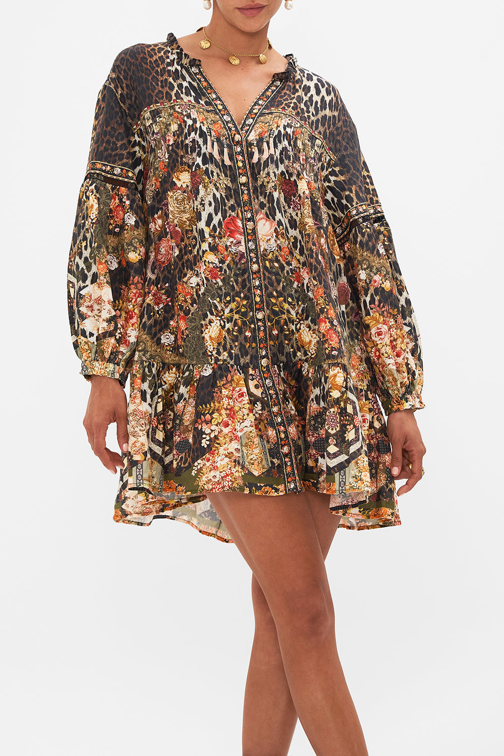 CAMILLA Leopard Pintuck Yoke Short Dress in Born in Bruges