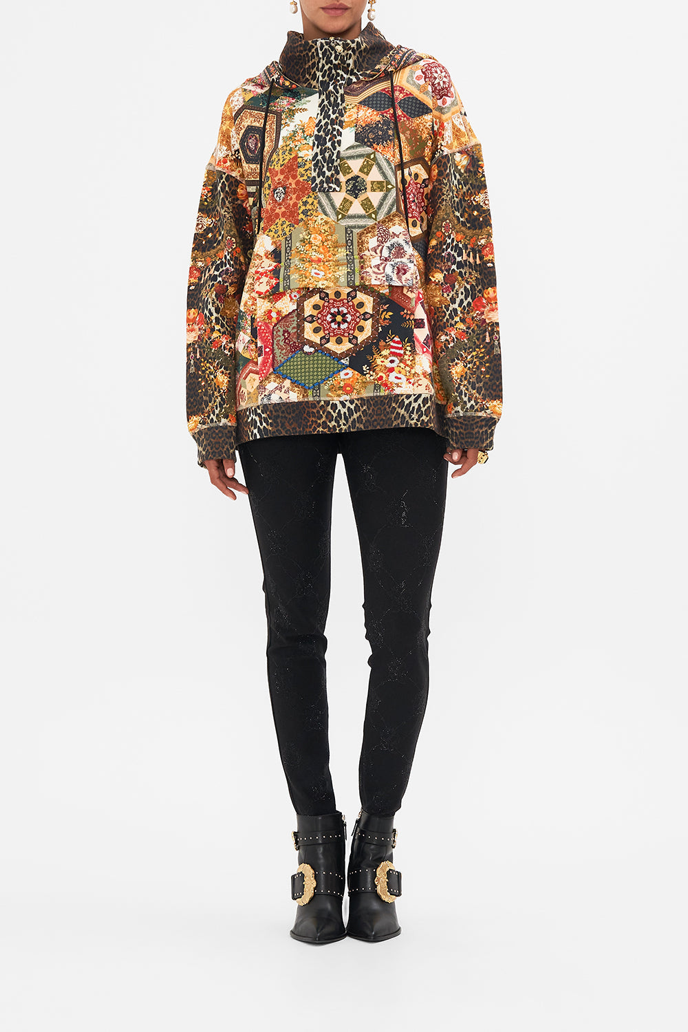 CAMILLA floral half-zip hoodie with pocket flap in Stitched In Time print.