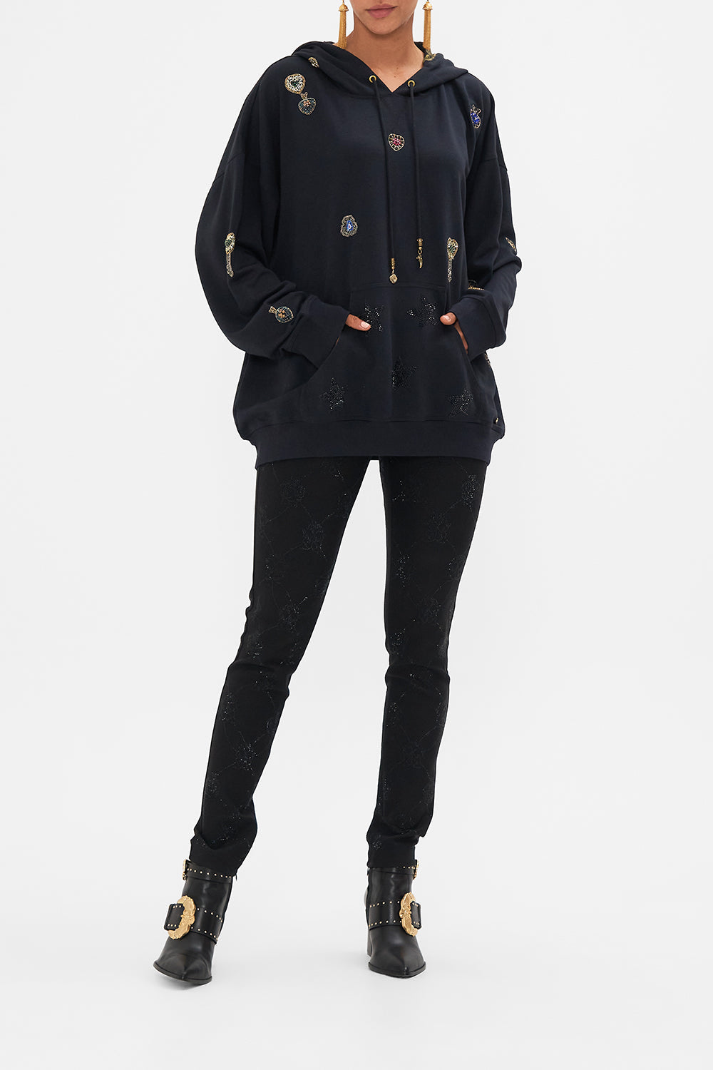 CAMILLA black oversized embellished boyfriend hoodie in Amsterglam print.