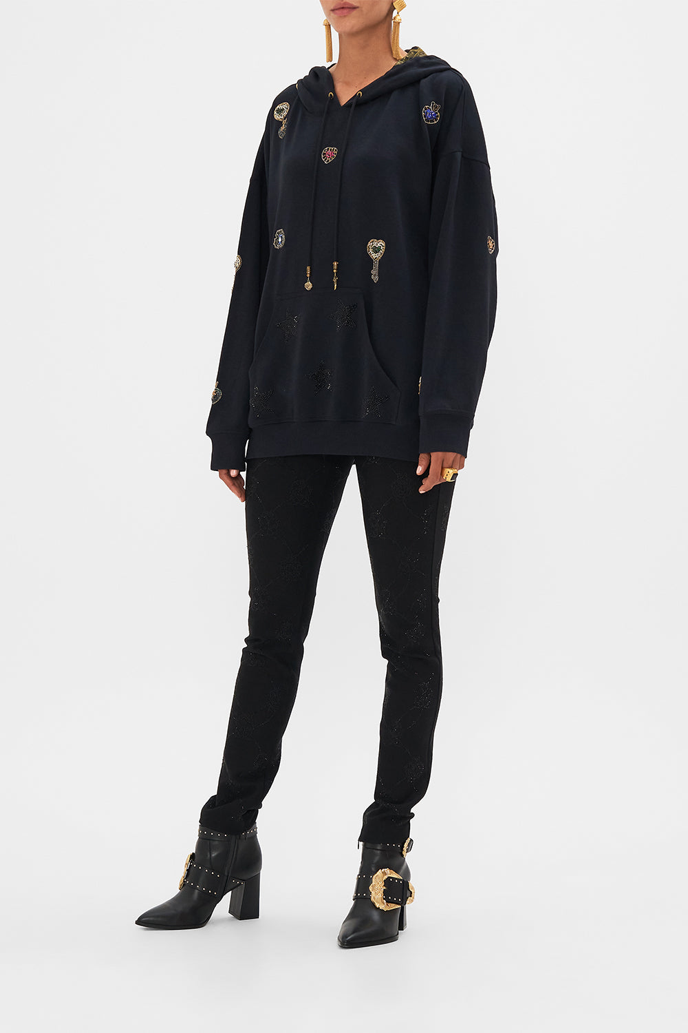 CAMILLA black oversized embellished boyfriend hoodie in Amsterglam print.