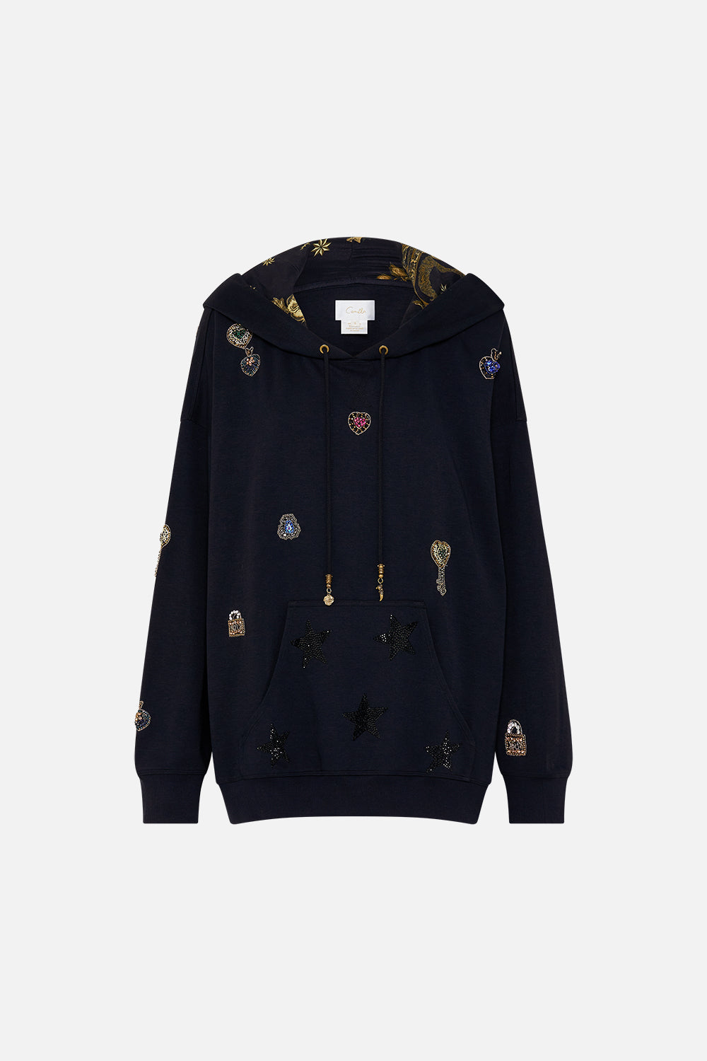CAMILLA black oversized embellished boyfriend hoodie in Amsterglam print.