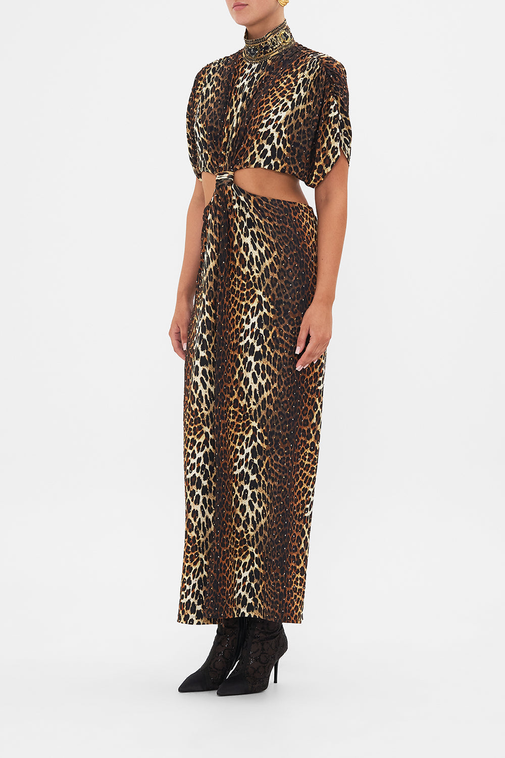 CAMILLA leopard high neck twist cut out jersey dress In Amsterglam print.