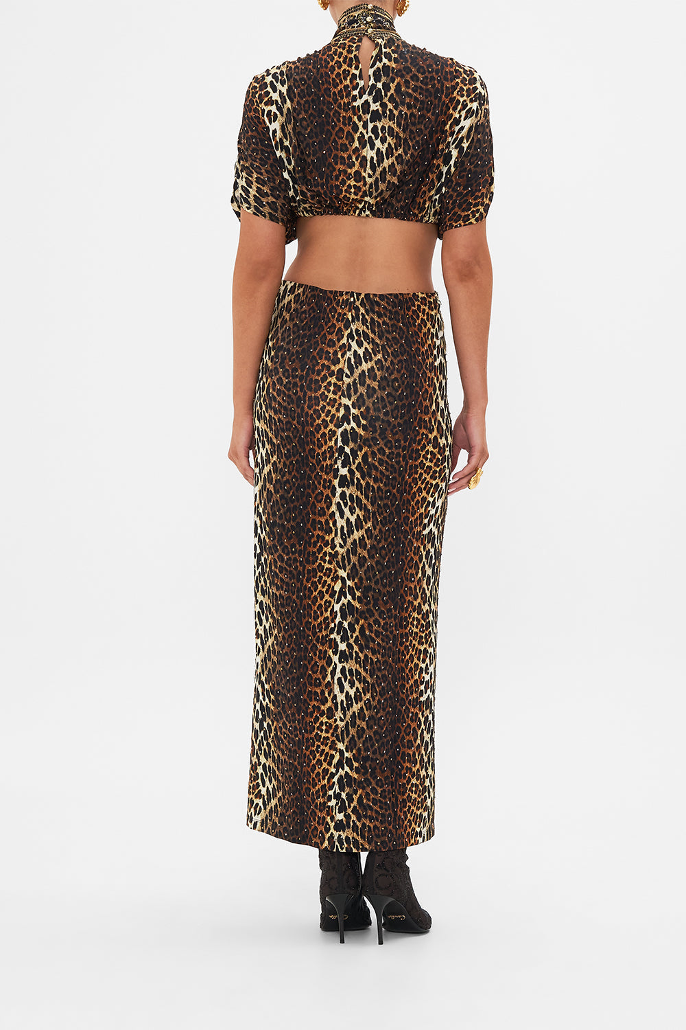 CAMILLA leopard high neck twist cut out jersey dress In Amsterglam print.