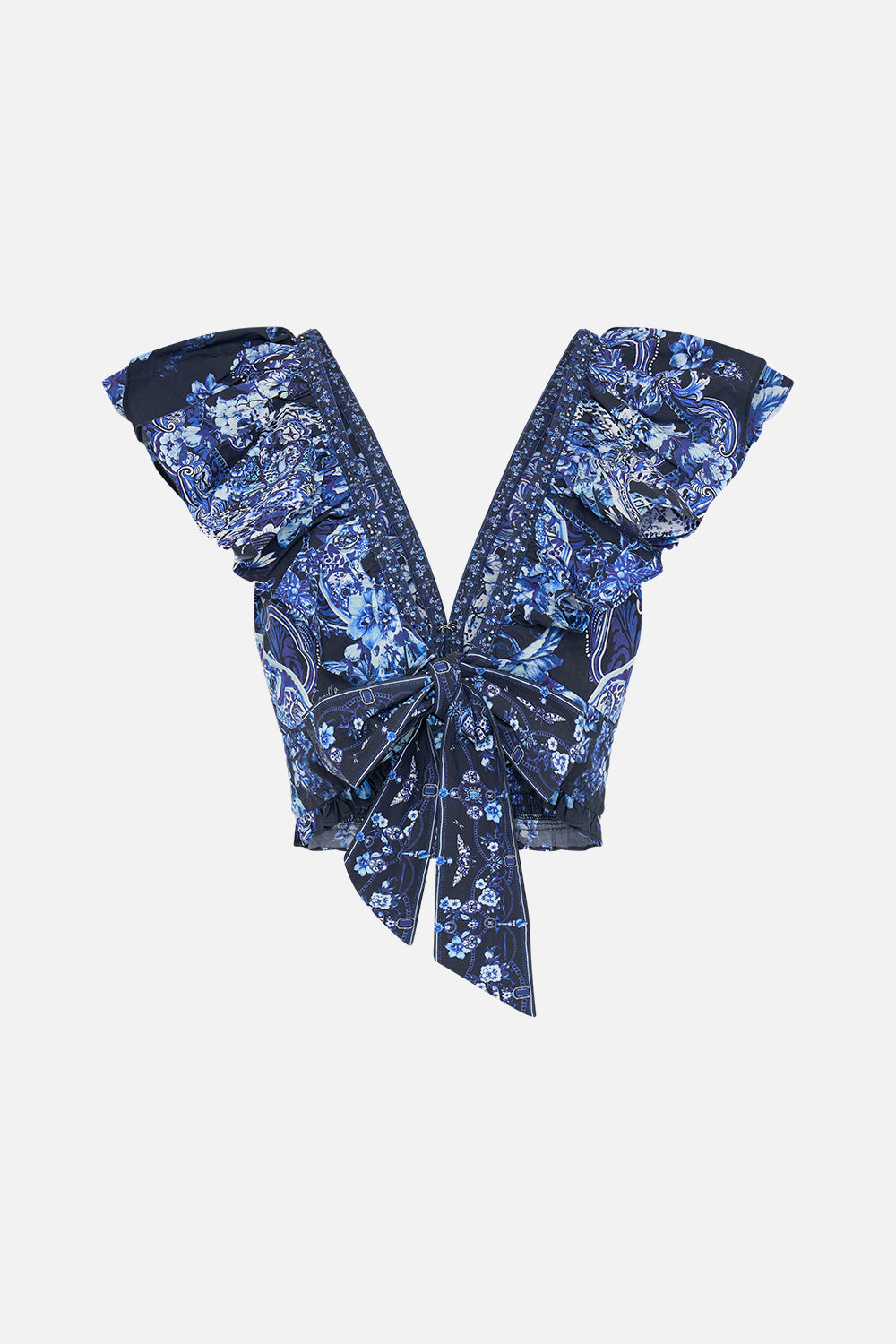 Back view of CAMILLA ruffle top in Delft Dynasty print