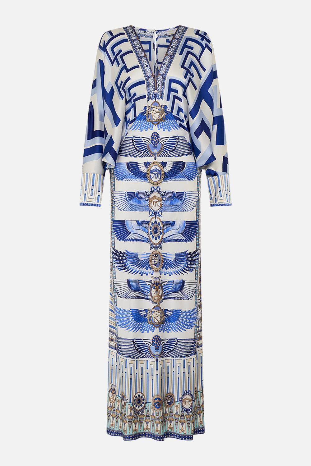 CAMILLA Plunge Neck Draped Shoulder Dress in Dancing With Daylight Print.