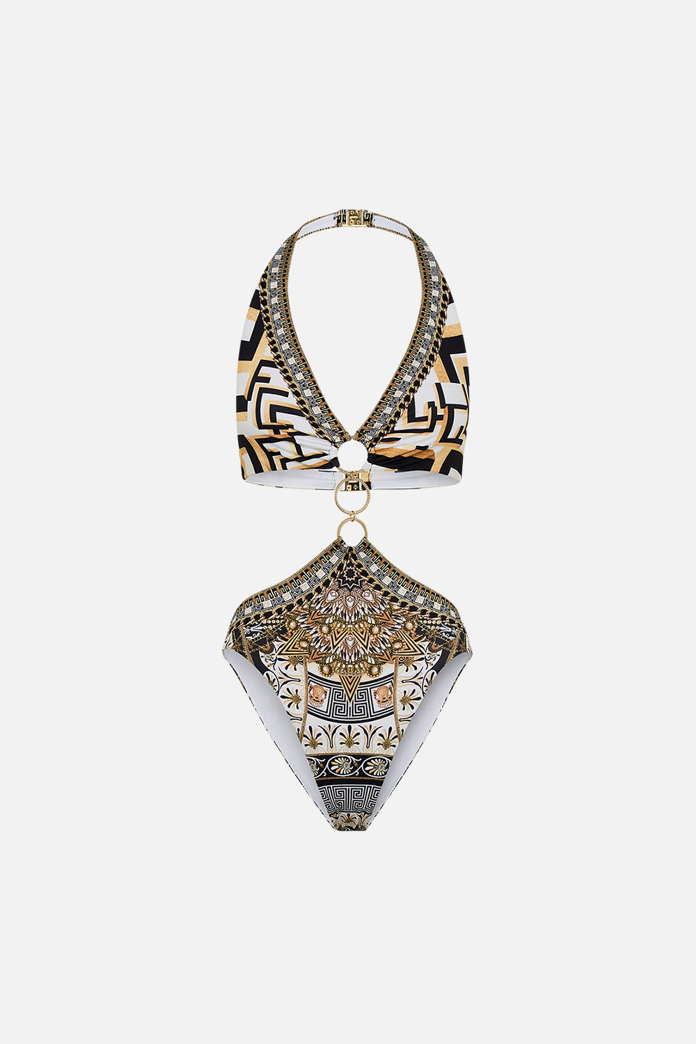 CAMILLA Tri-Ring Front Cut Out One Piece in Temples Of Dendara Print.