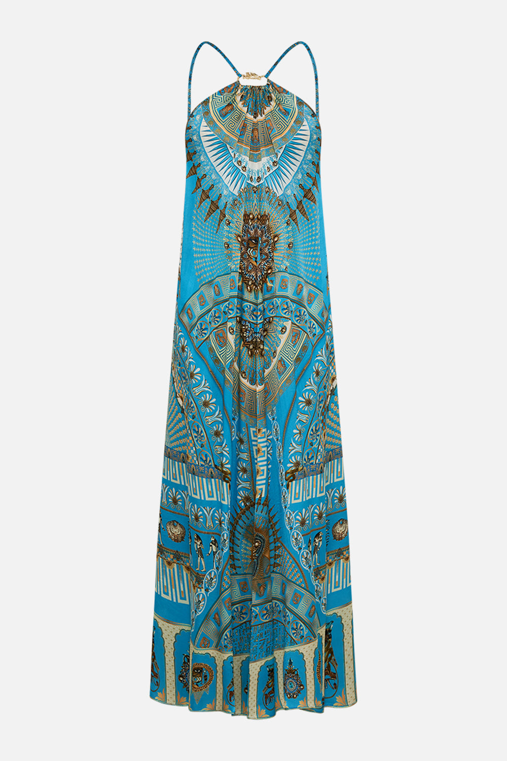 CAMILLA Gather Neck Hardware Maxi Dress in Temple of Light Print.
