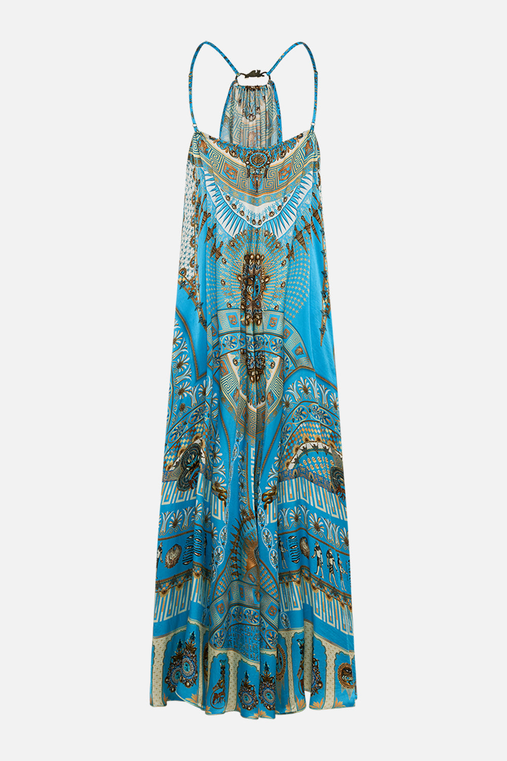 CAMILLA Gather Neck Hardware Maxi Dress in Temple of Light Print.