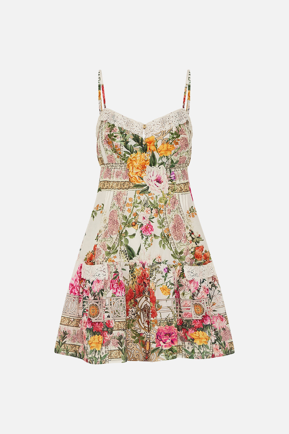 CAMILLA Short pintuck dress with pockets in Egyptian rose print.