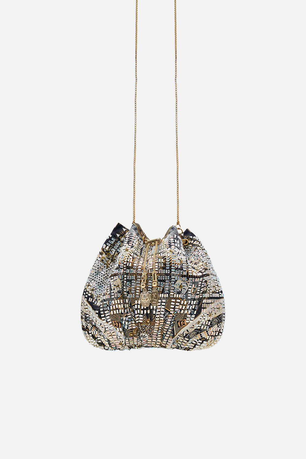 CAMILLA Drawstring Pouch with Chain Strap in Temples of Dendara Print