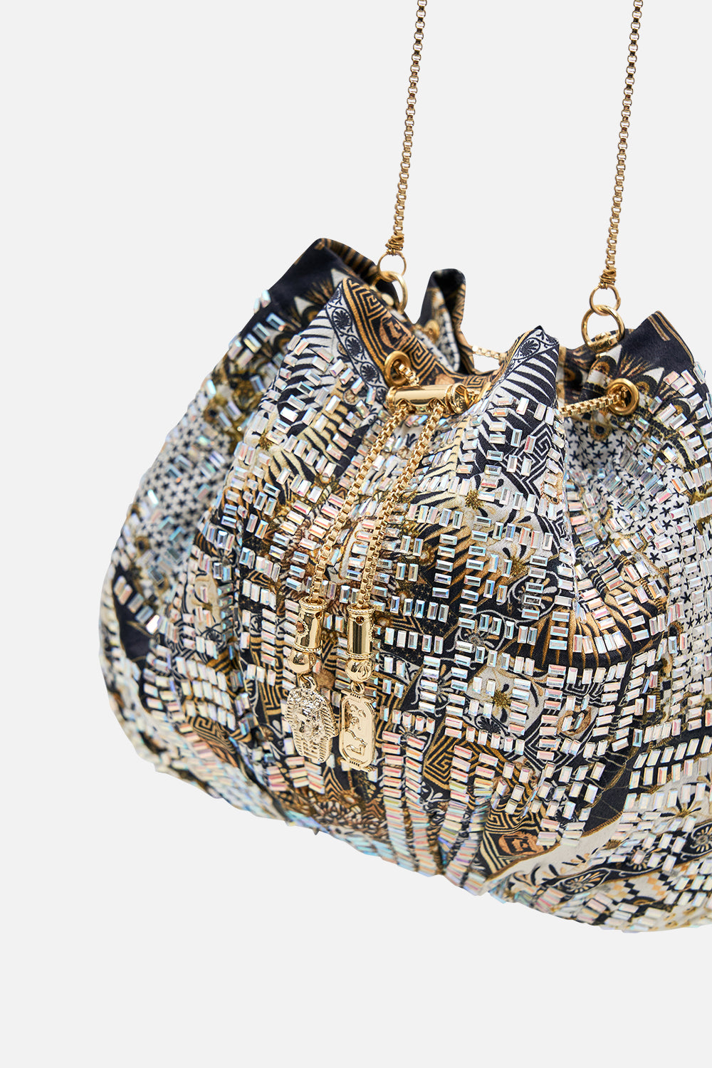 CAMILLA Drawstring Pouch with Chain Strap in Temples of Dendara Print