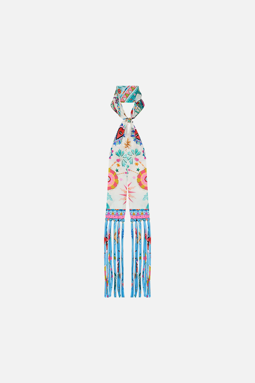 CAMILLA Skinny Neck Scarf With Tassels in Living In Colour print