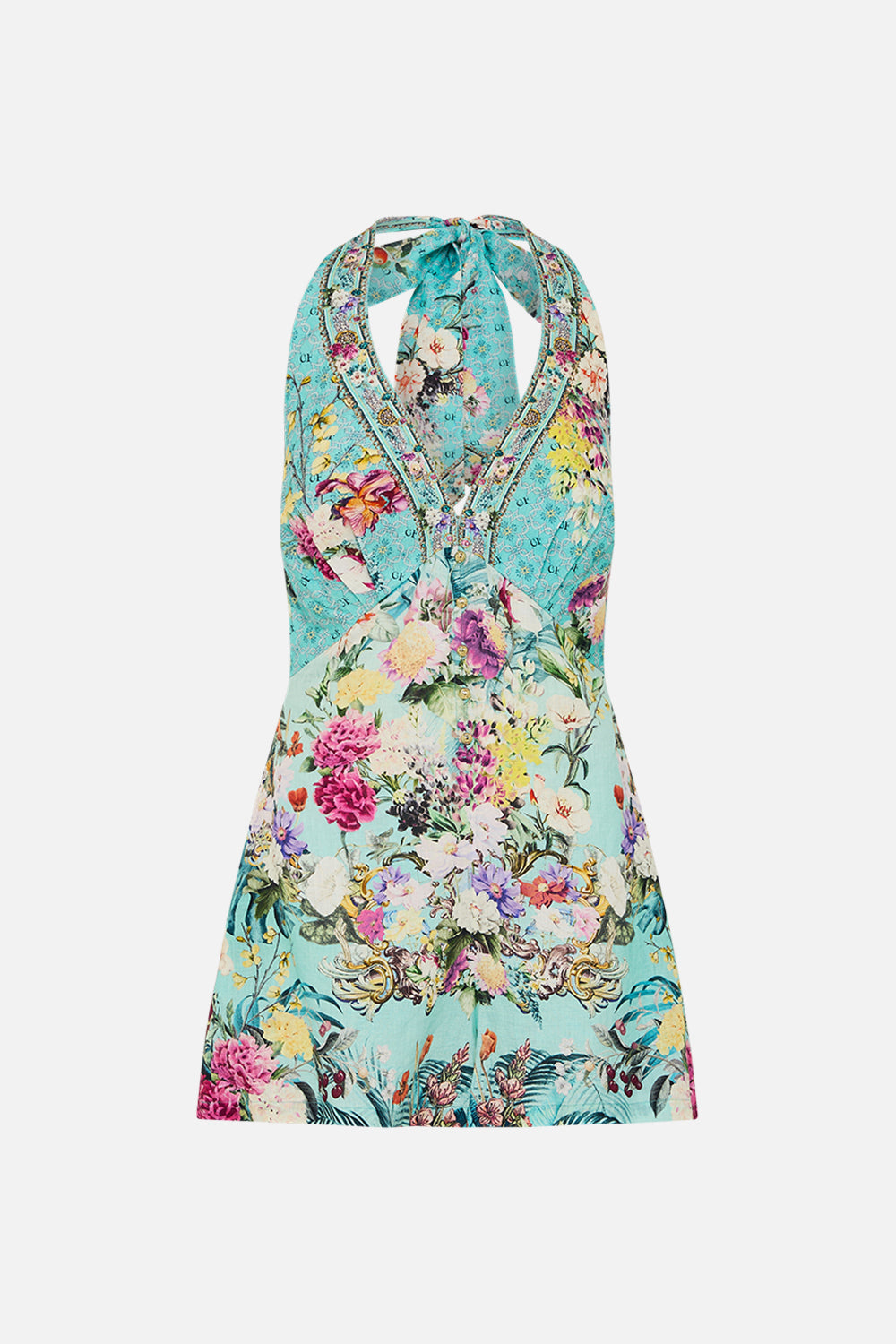 BUTTON FRONT HALTER PLAYSUIT GARDENS OF QUELUZ