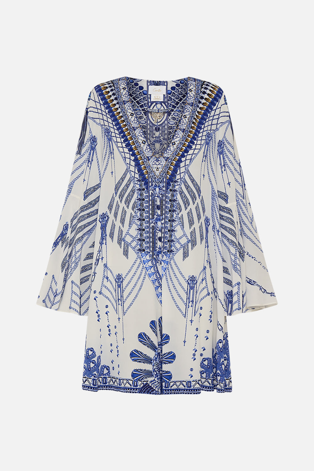 CAMILLA V-Neck Flared Sleeve Mini Dress in Dancing With Daylight Print.