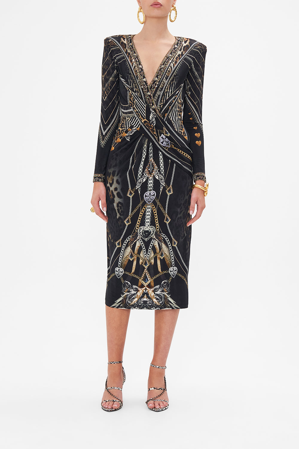 Front view of model wearing CAMILLA jersey midi dress in Chaos In The Cosmos animal print