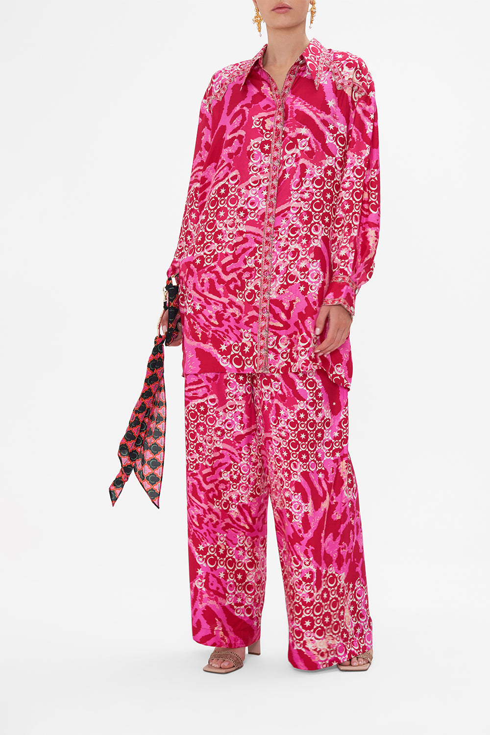 Front view of model wearing CAMILLA silk shirt in Song Of Sacrifice print