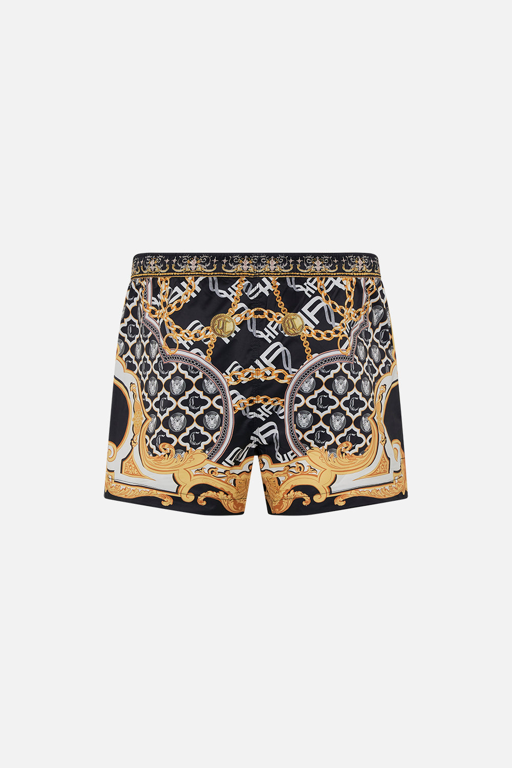Back product view of Hotel Franks by CAMILLA mens black swim shorts in Tether Me Not print