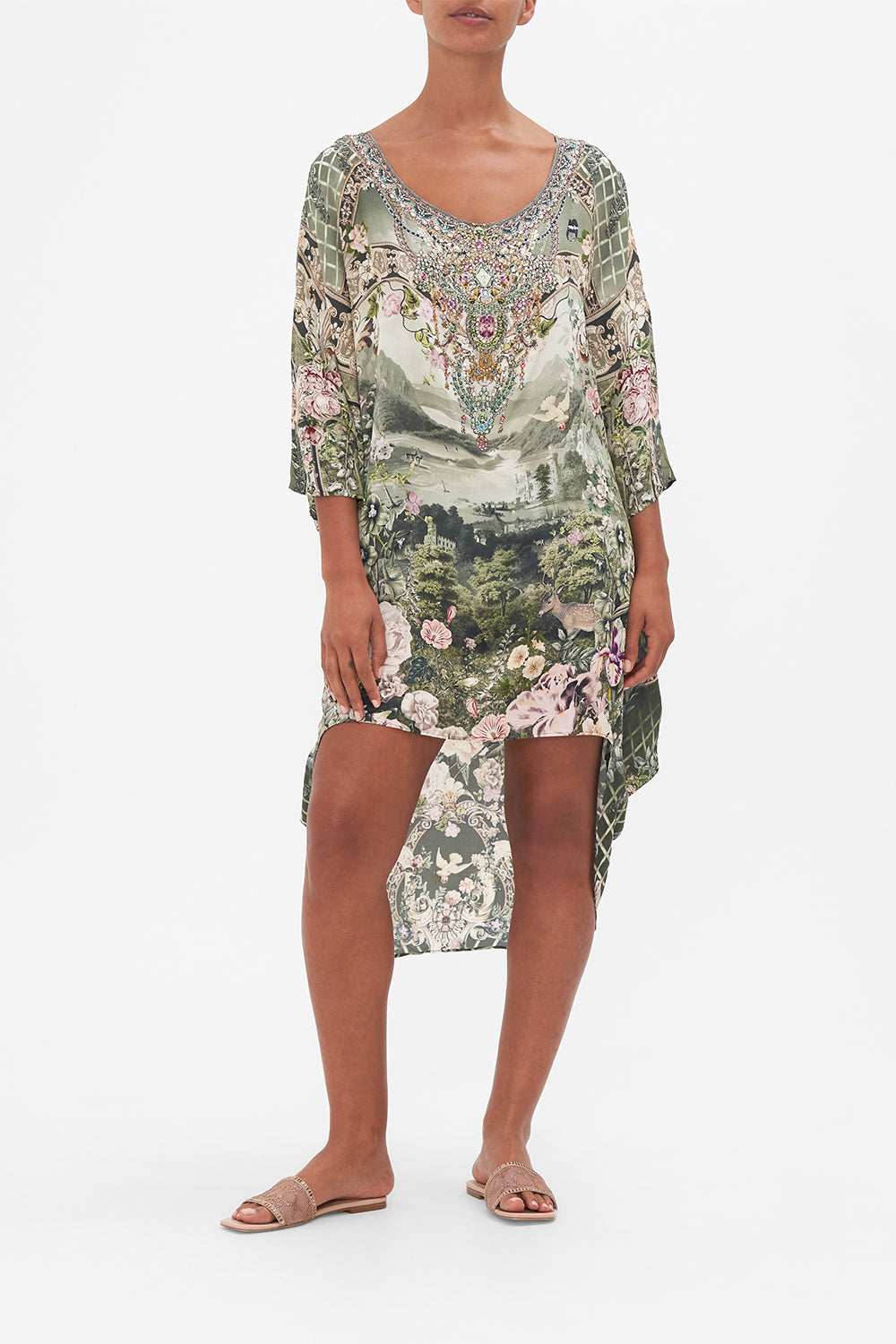 Front view of model wearing CAMILLA silk dress in Garden Of Good Fortune print