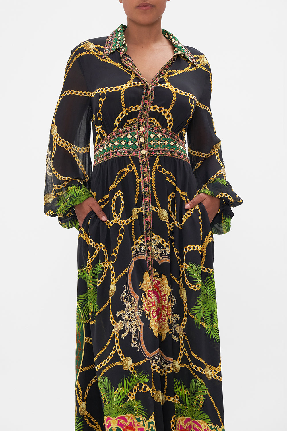 WAISTBAND LONG DRESS WITH COLLAR JEALOUSY AND JEWELS