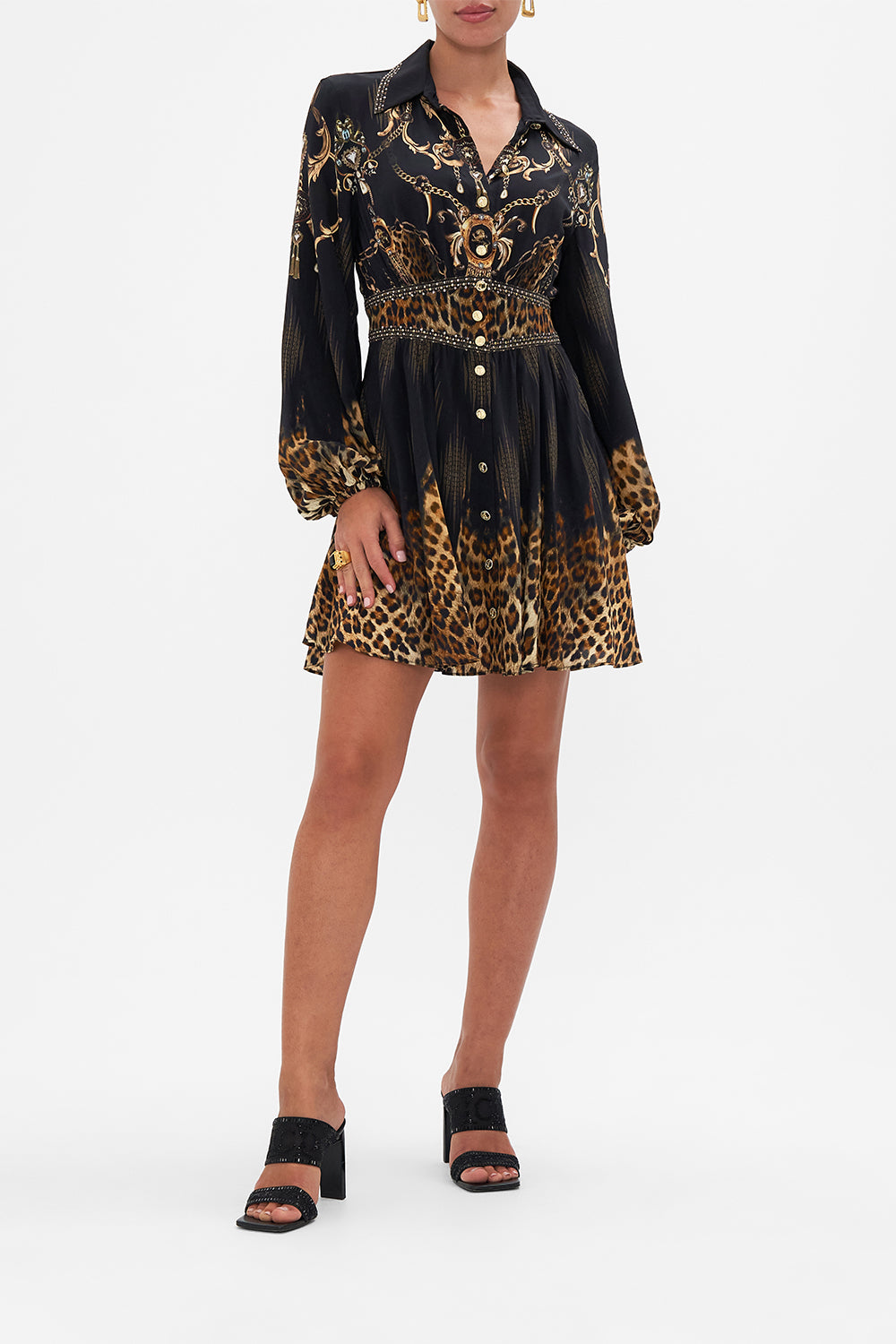 Front view of model wearing CAMILLA leopard print shirt dress in Jungle Dreaming print
