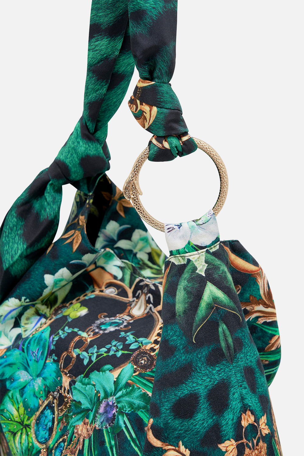 Detail view of CAMILLA linen beach bag in Sing My Song print