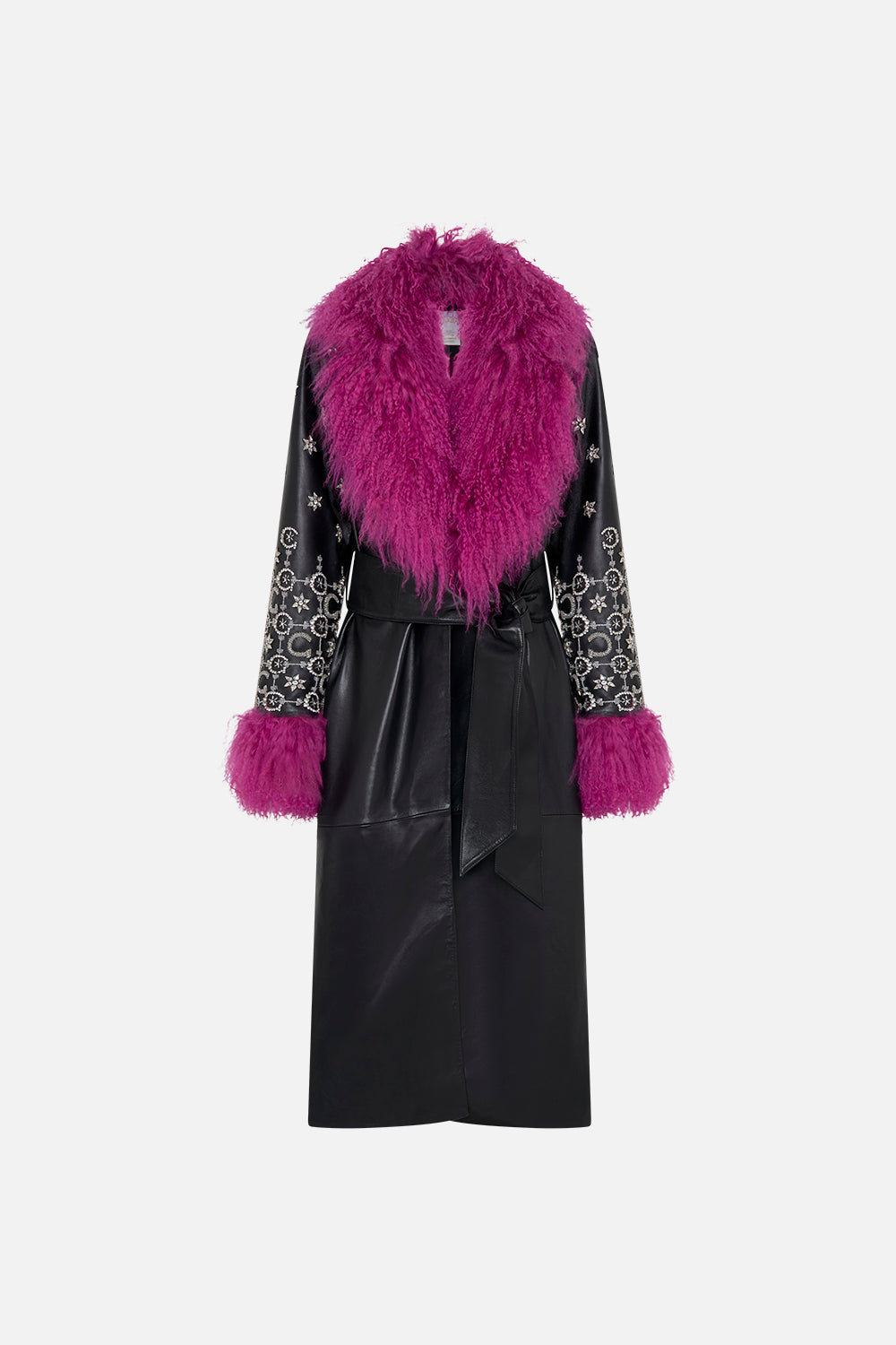 Product view of CAMILLA black leather trench with fur cuffs and collar