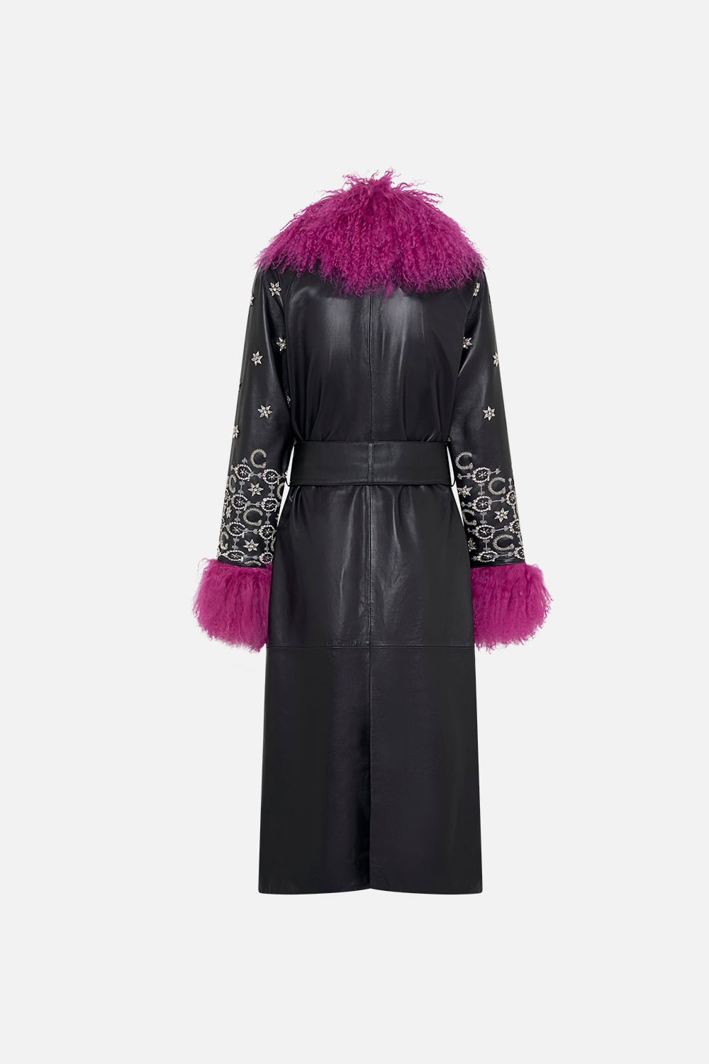 Back product view of CAMILLA black leather trench with fur cuffs and collar