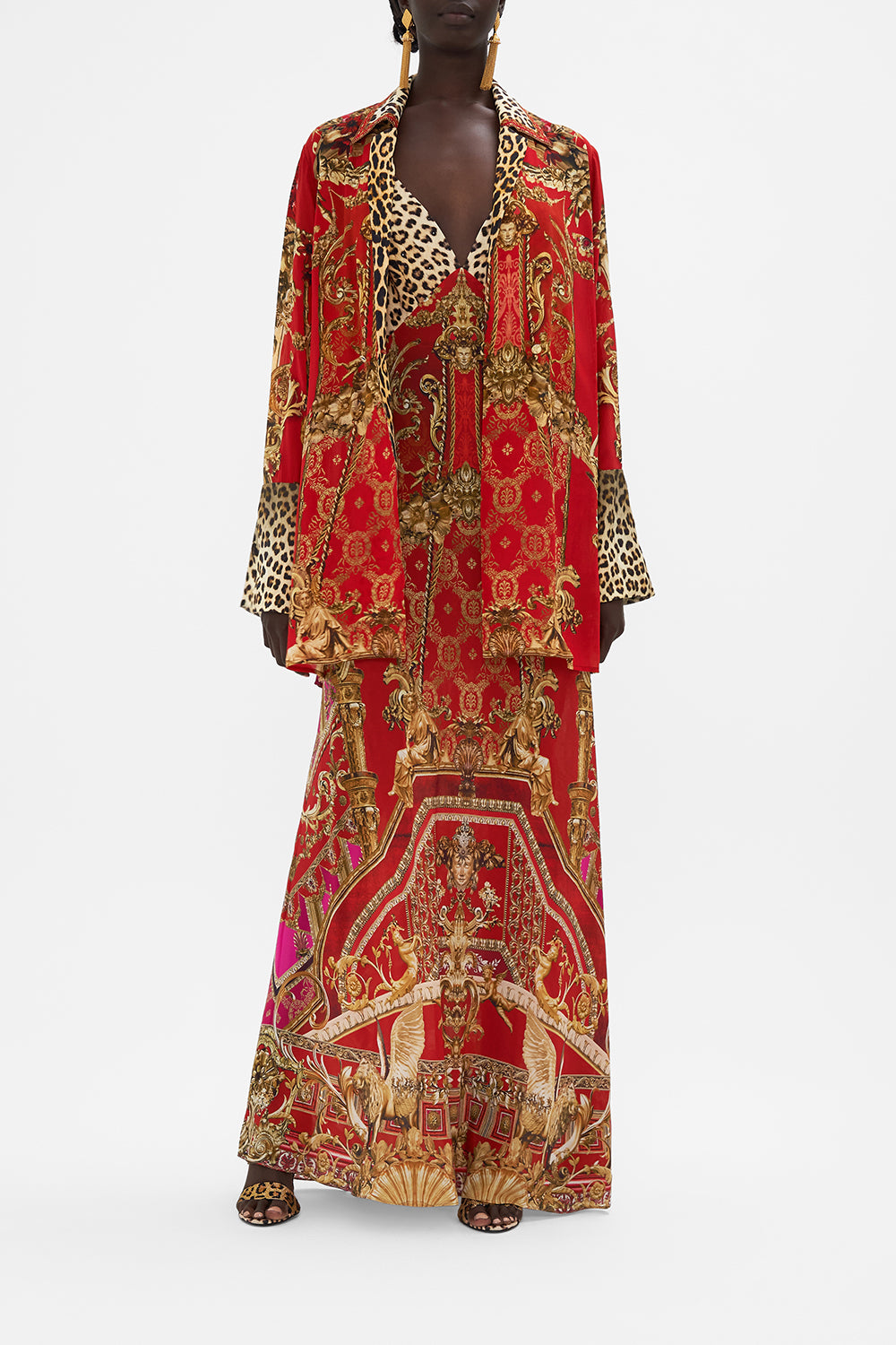 Front view of model wearing CAMILLA red silk jacket in Sweet Soprano print