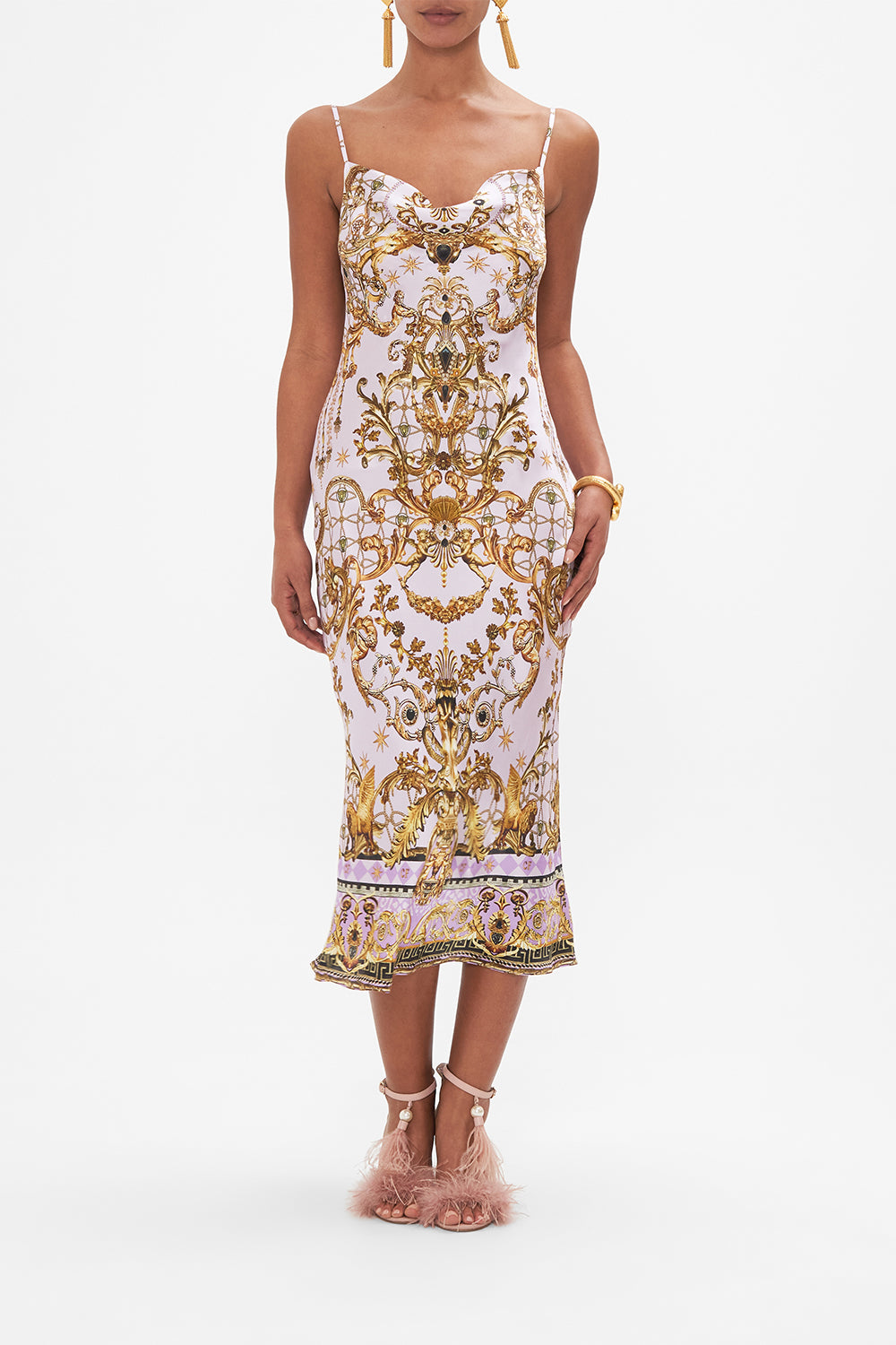 Front view of model wearing CAMILLA bias silk slip dress in Lavender Ever After print