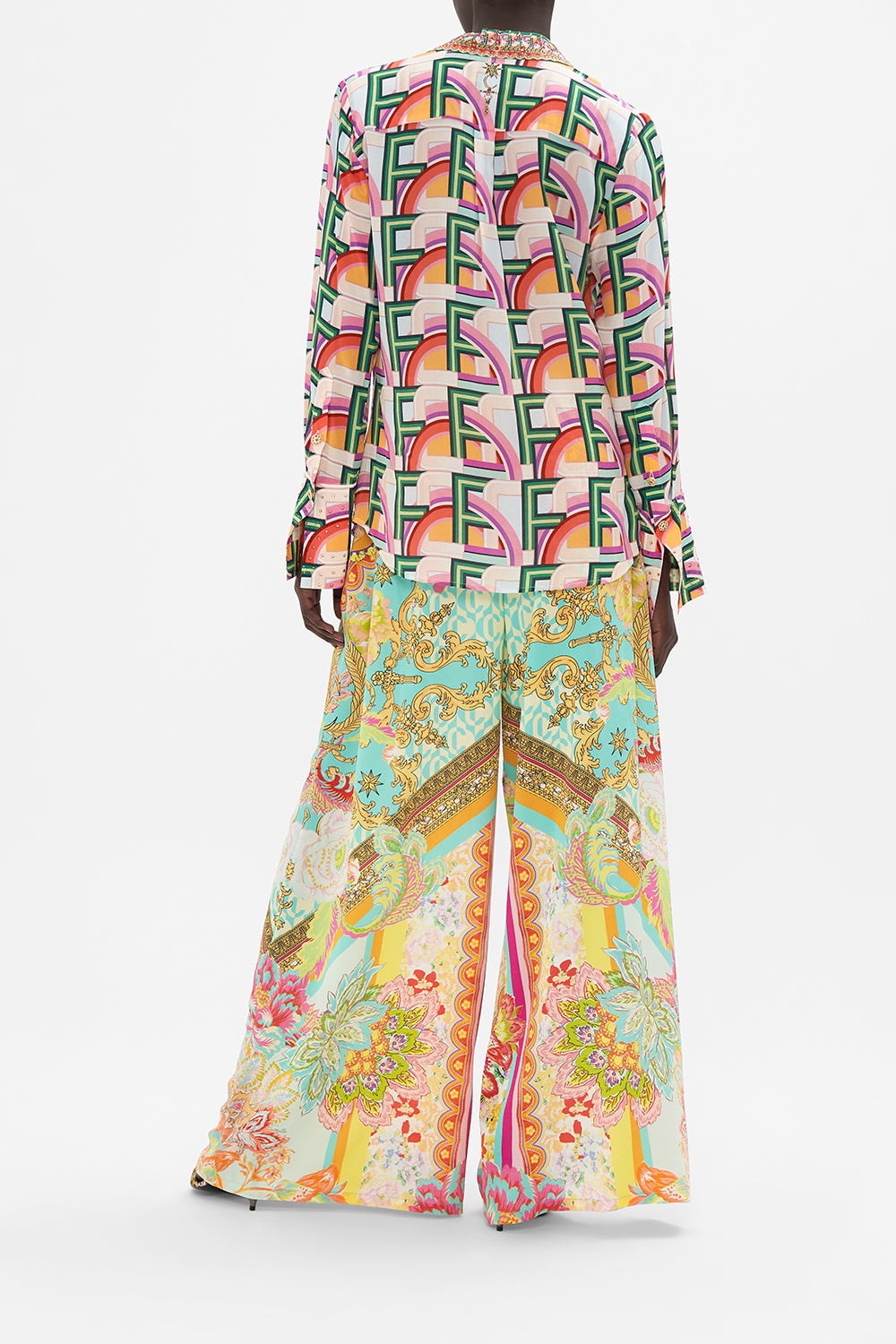 Back view of model wearing CAMILLA printed silk shirt in An Italian Welcome print