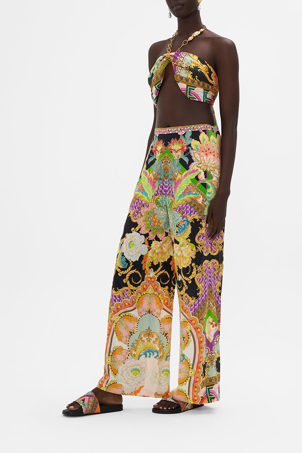 Side view of model wearing CAMILLA silk wide leg pant in Sundowners in Sicily print