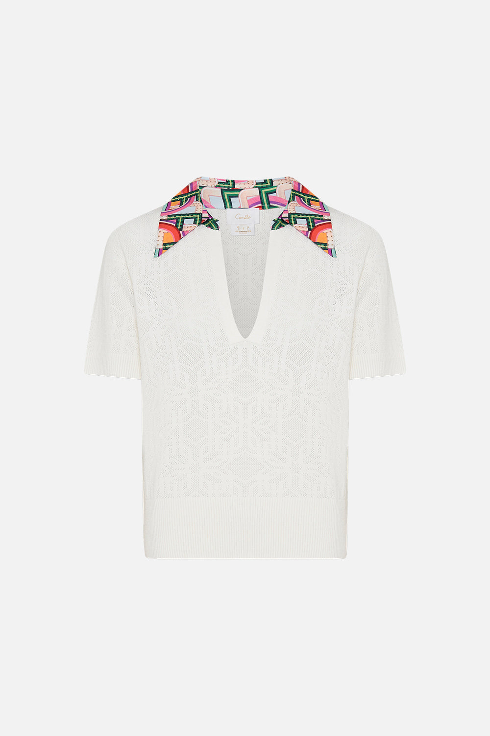 Product view of CAMILLA white knit polo top in An Italian Welcome print