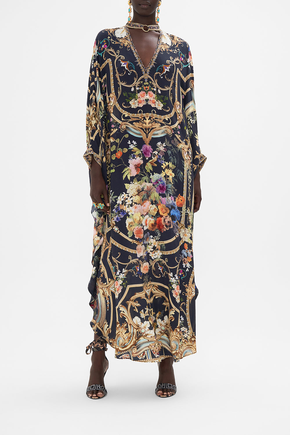 Front view of model wearing CAMILLA silk kaftan in Play Your Cards Right floral print