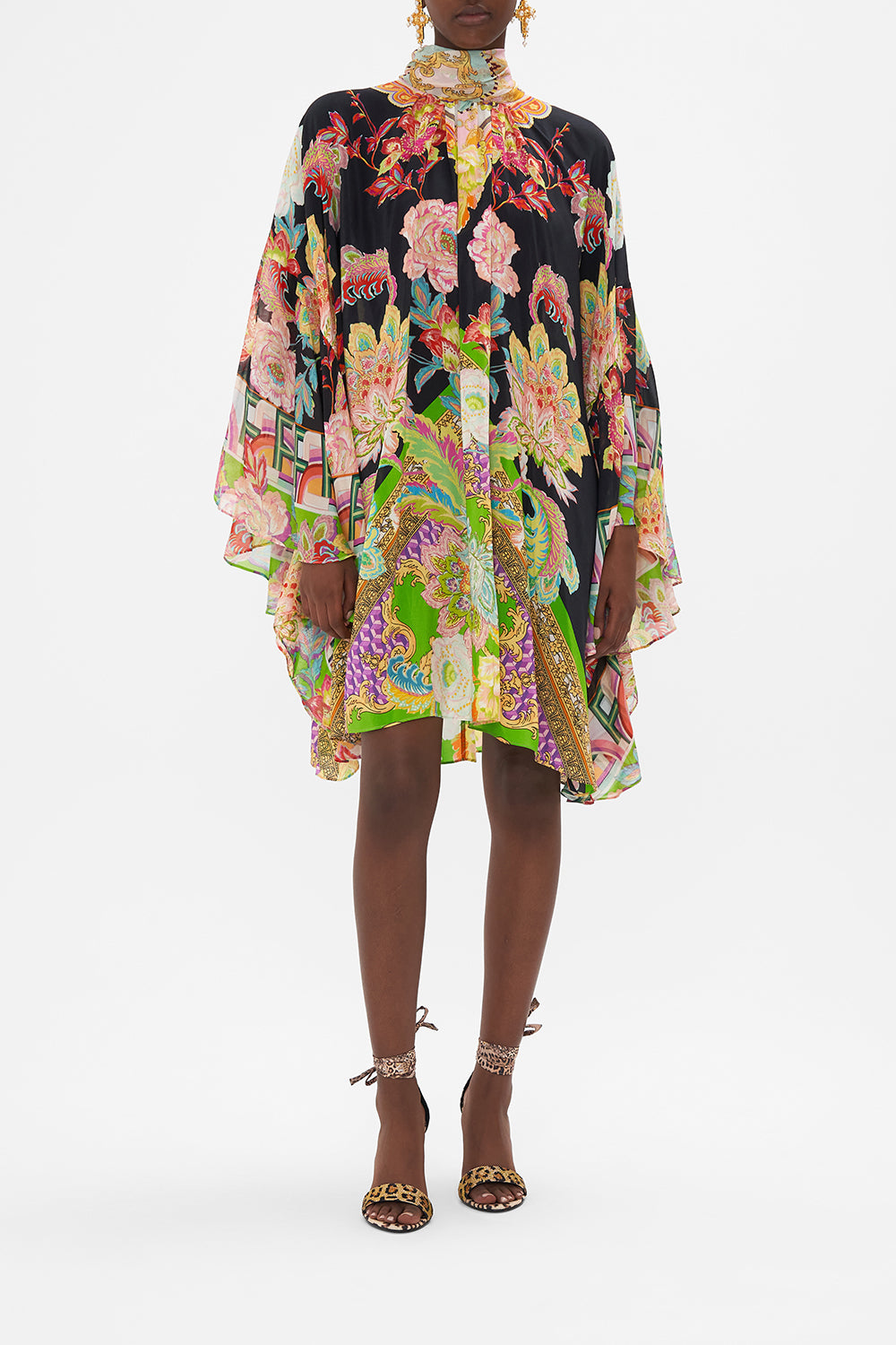 Front view of model wearing CAMILLA silk high neck ruffle dress in Sundowners in Sicily print