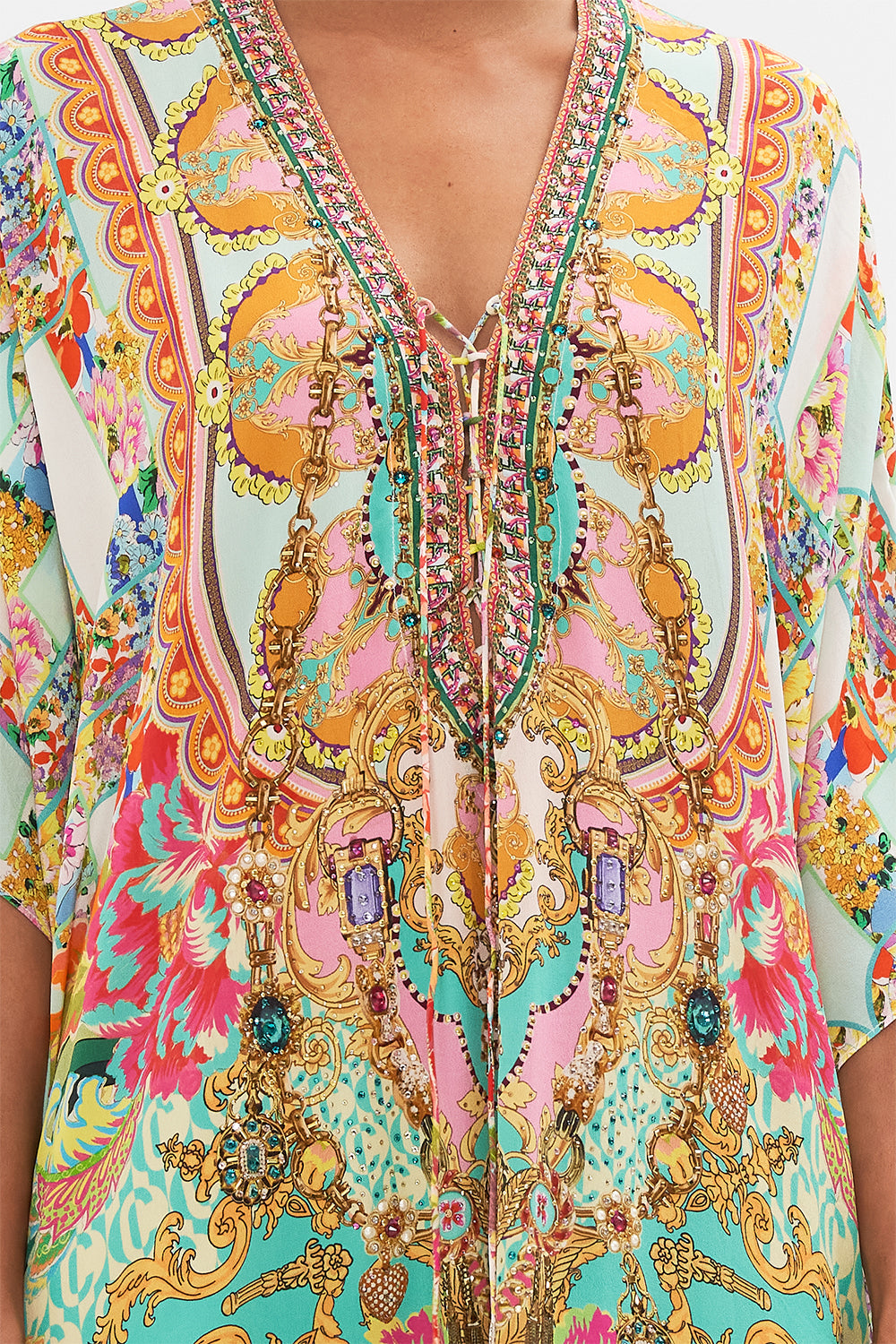 Detail view of model wearing CAMILLA silk printed kaftan in An Italian Welcome print