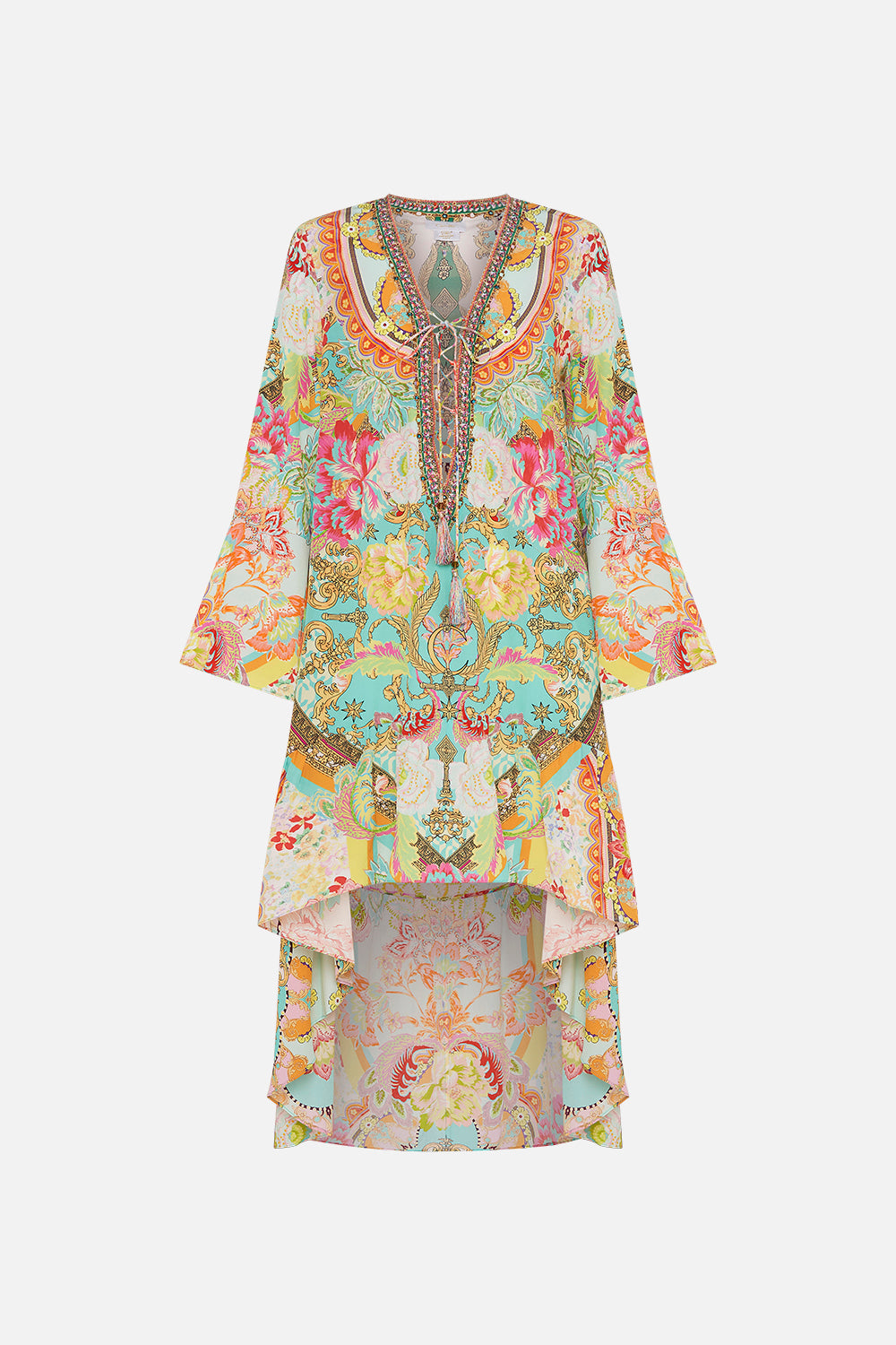 Product view of CAMILLA silk mini dress with high low hem in An Italian Welcome print