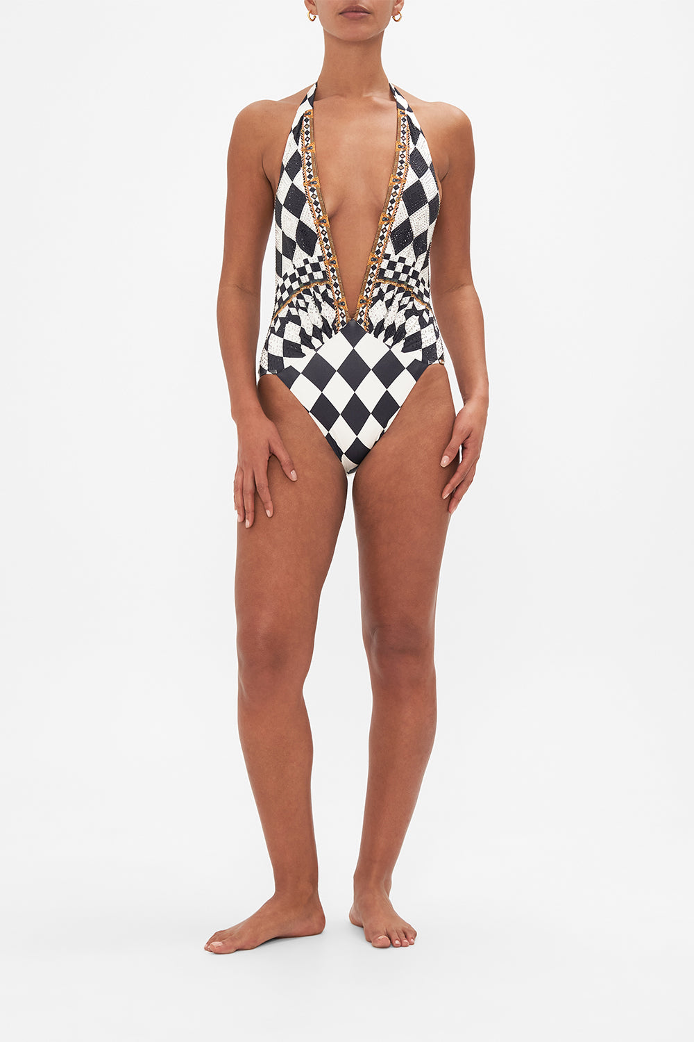 Front view of model wearing CAMILLA black and white one piece swimsuit in Duomo Dynasty print